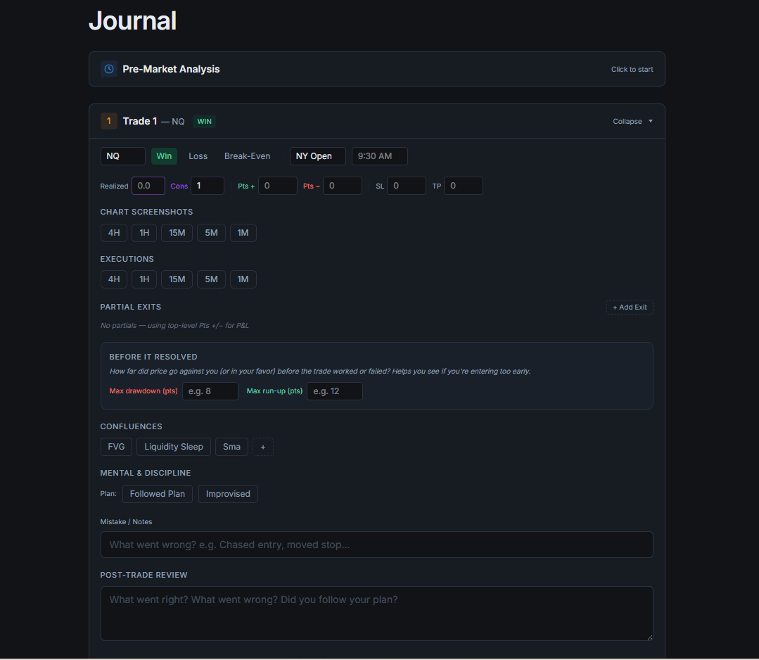 TraderView Journal: trade entry with charts, executions, confluences, and post-trade review